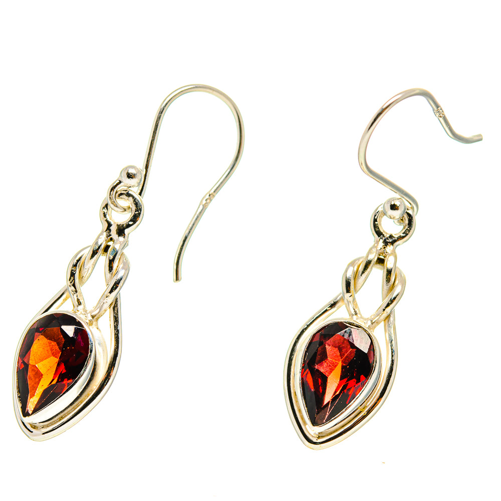 Garnet earrings with oval red gemstone drops, silver links, and lever hooks
