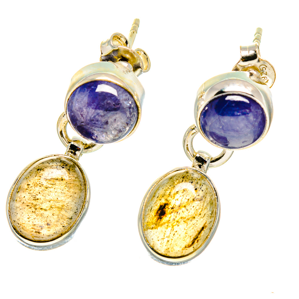 Gold-tone drop earrings with round purple gemstone and oval yellow-gold gemstone