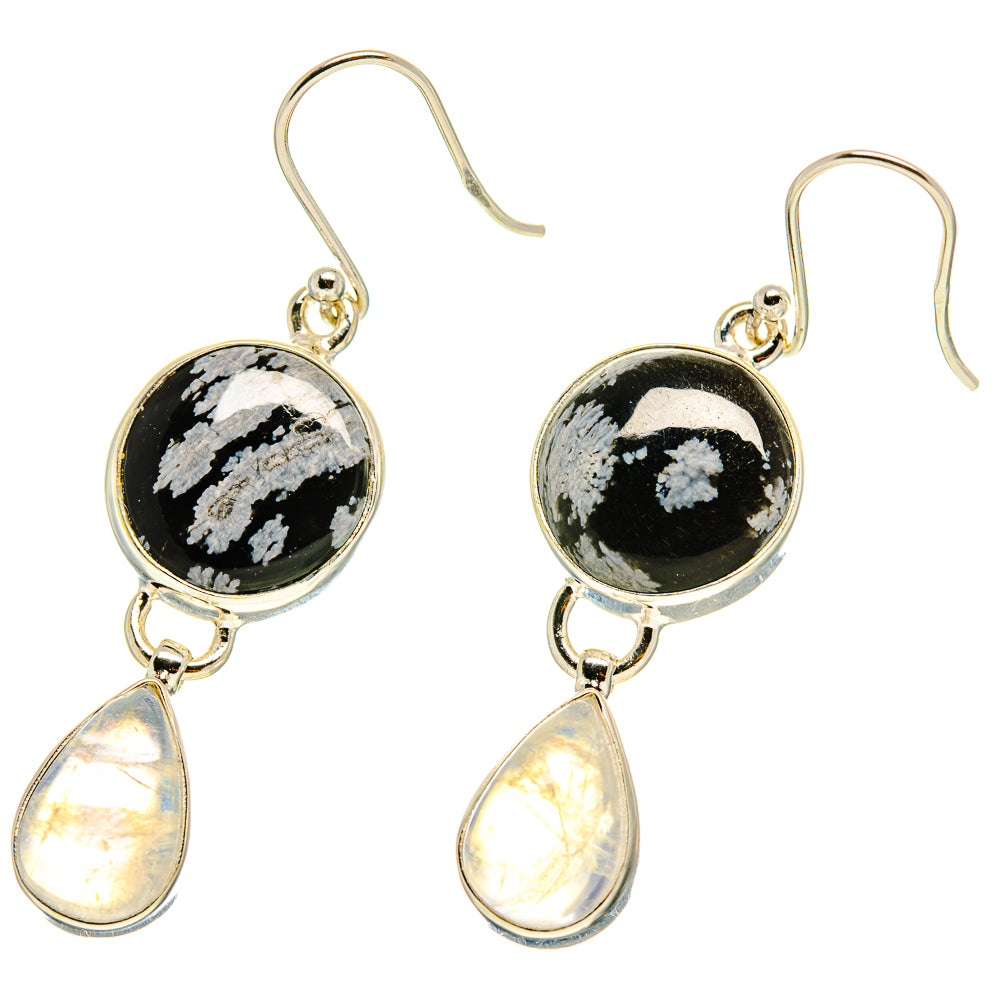 Sterling silver drop earrings with black moonstone-like round stones and iridescent teardrops