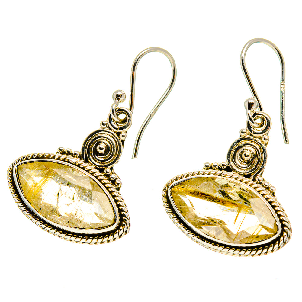 Oval rutilated quartz drop earrings, 925 sterling silver, ornate bezel and hooks