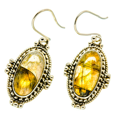 Oval labradorite drop earrings with yellow-gold cabochon and silver beaded border