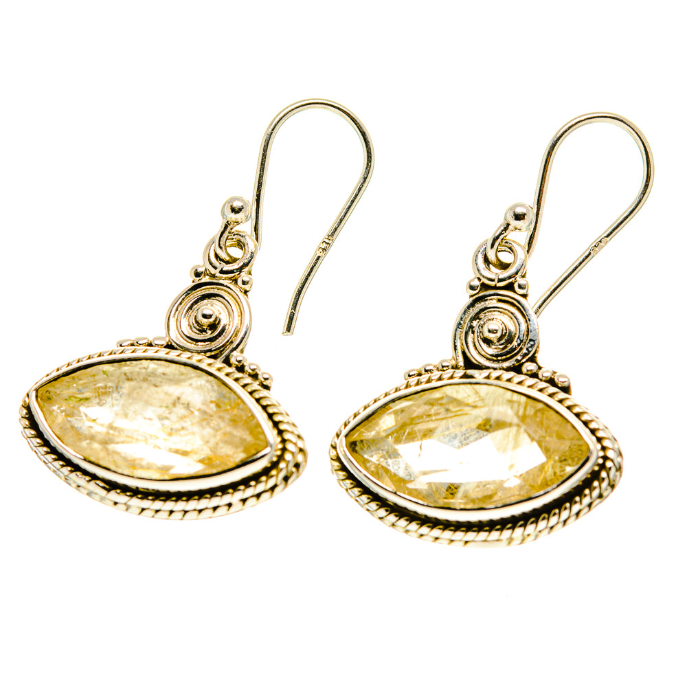 Rutilated quartz oval drop earrings with ornate silver-tone hooks and golden needle inclusions