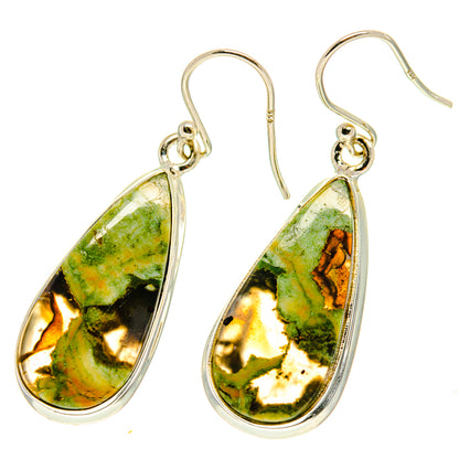 Teardrop opal earrings in green, gold, and black with sterling silver hooks