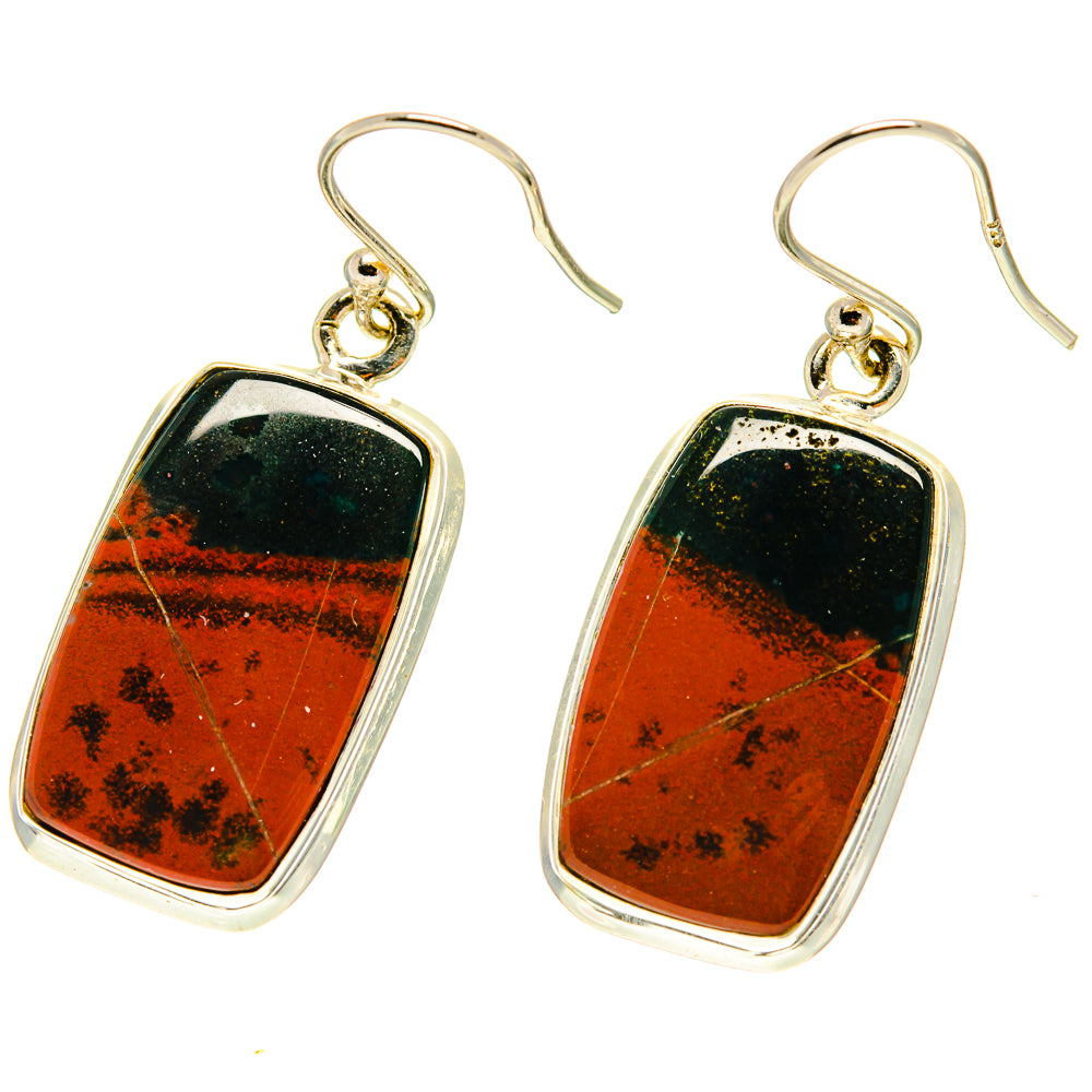 Bloodstone drop earrings in 925 sterling silver, rectangular red and green stone on hooks