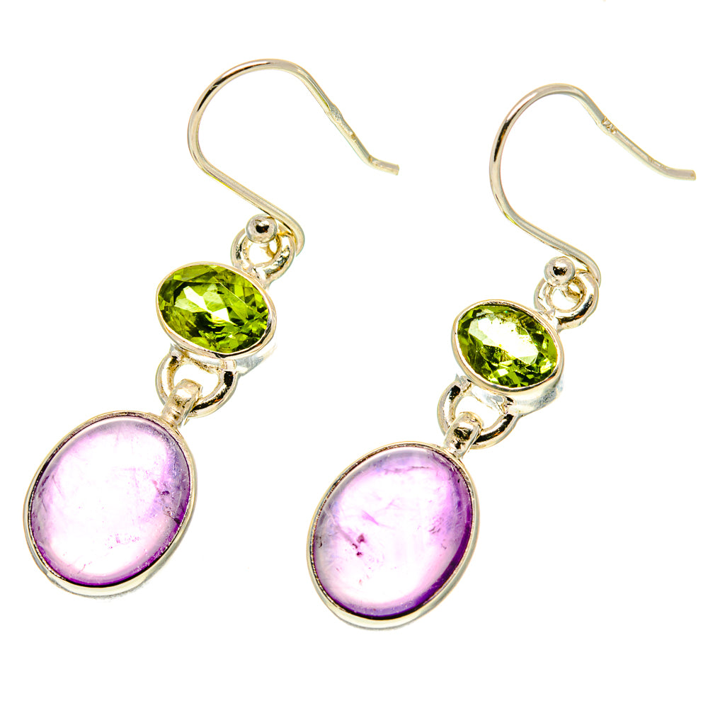 Amethyst and peridot drop earrings with oval purple and green gemstones, sterling silver fishhooks