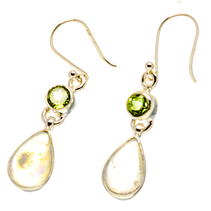 Sterling silver peridot and moonstone drop earrings with green round and white teardrop stones