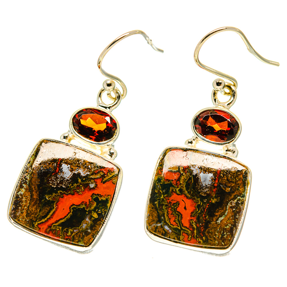 Sterling silver dangling earrings with round red stone and square mottled green-orange agate