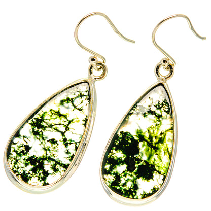 Teardrop moss agate earrings with green-gold mottled stone and metal hooks
