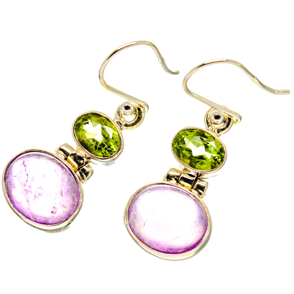 Amethyst and peridot drop earrings with silver hooks, green top and purple round stones