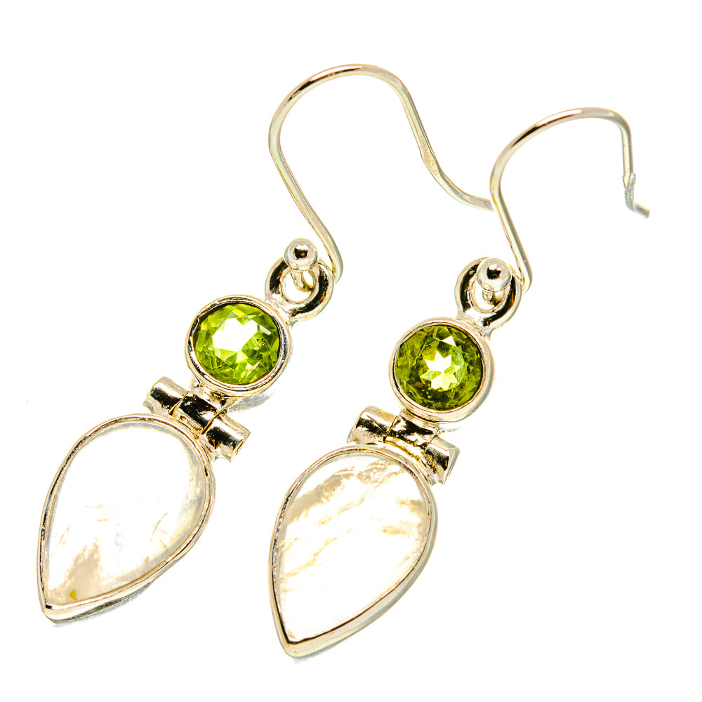 Gold-tone peridot and moonstone drop earrings with green round stone and white pear drops