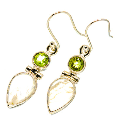Gold-tone peridot and moonstone drop earrings with green round stone and white pear drops
