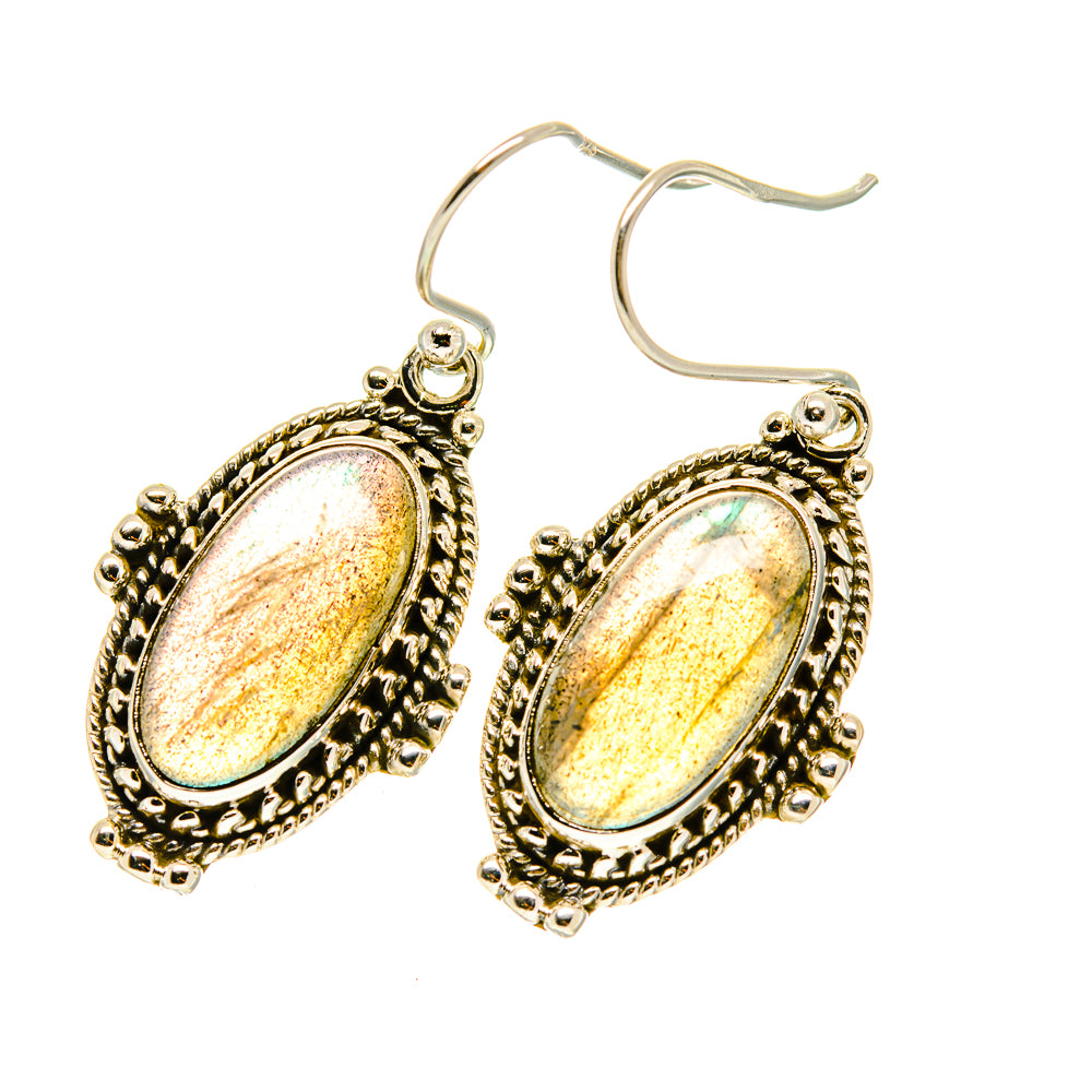 Labradorite oval drop earrings in 925 sterling silver, gold-tone ornate bezel