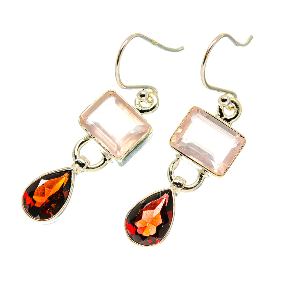 Silver drop earrings with square pink stone and red teardrop garnet charms