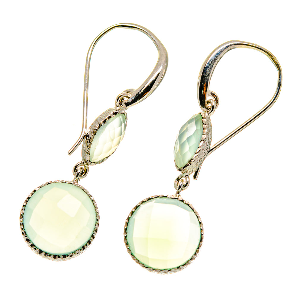Oval pale-green prehnite drop earrings on silver hooks with dangling faceted stones