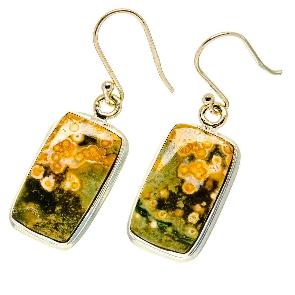 Ocean jasper earrings in rectangular sterling silver settings, dangle hook style.