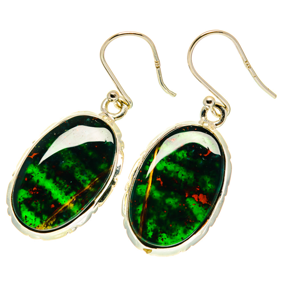 925 sterling silver oval bloodstone drop earrings with fishhook, green and black stone