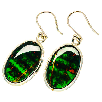 925 sterling silver oval bloodstone drop earrings with fishhook, green and black stone