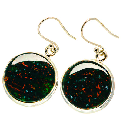 925 sterling silver bloodstone drop earrings, round bezel-set green speckled stones