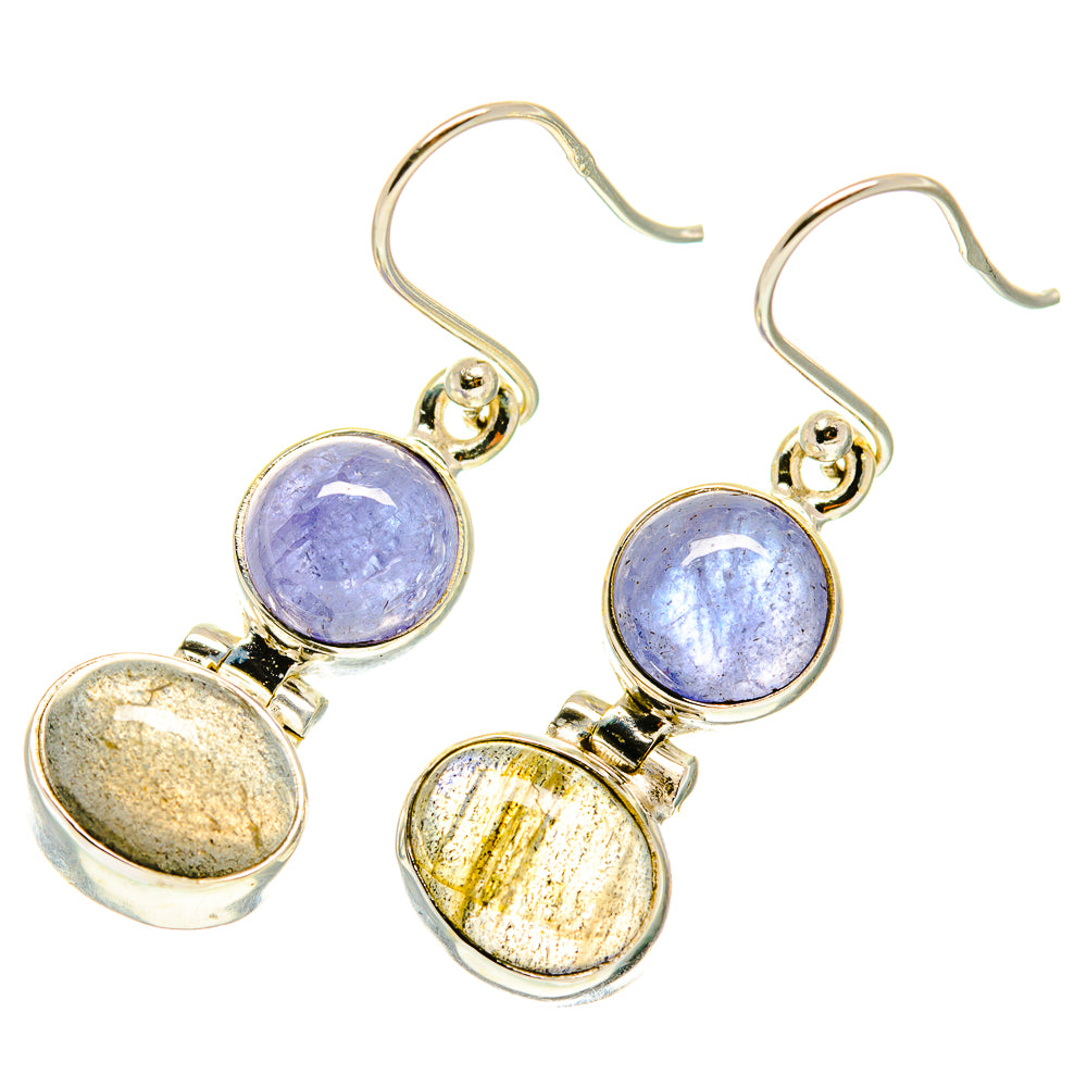 Sterling silver drop earrings with blue-purple and mottled round stones, hook backs