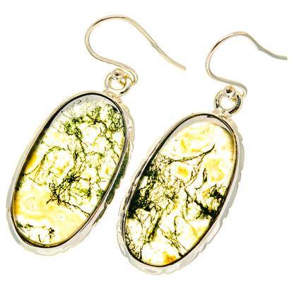 Oval green moss agate drop earrings in 925 sterling silver, fishhook style