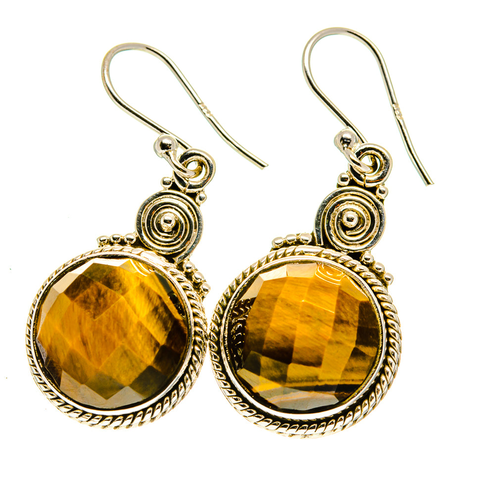 Sterling silver tiger eye drop earrings, round cabochon with braided border and fishhook