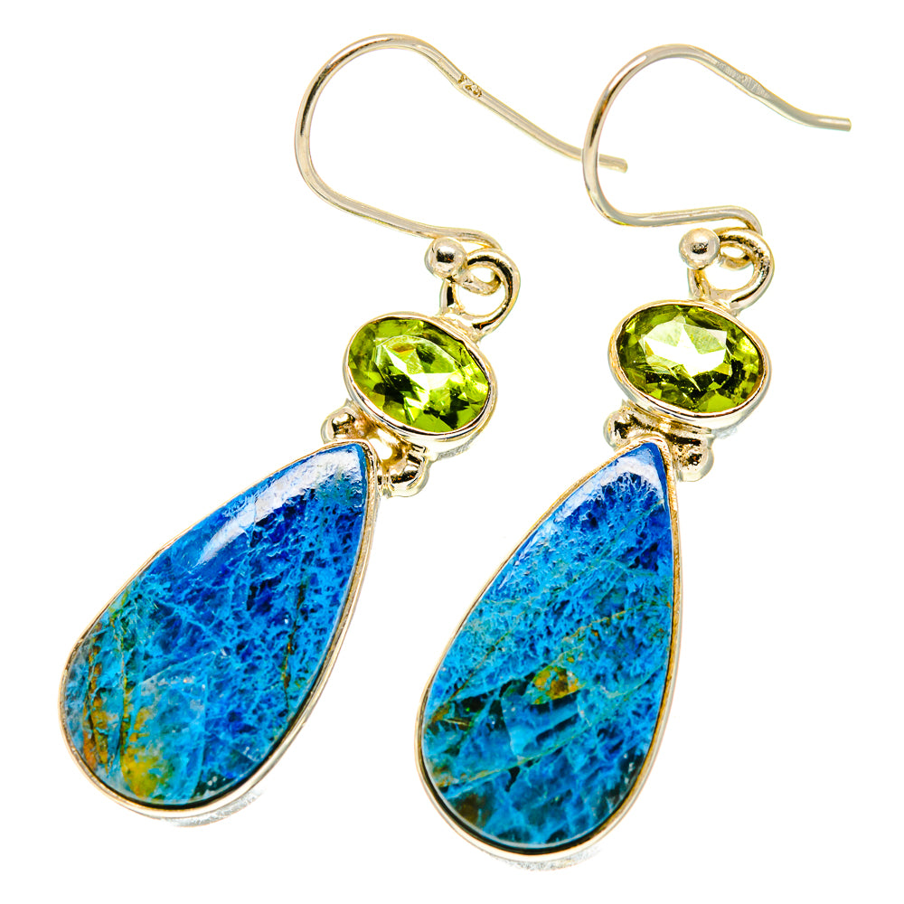 Sterling silver shattuckite and peridot drop earrings with teardrop blue stone