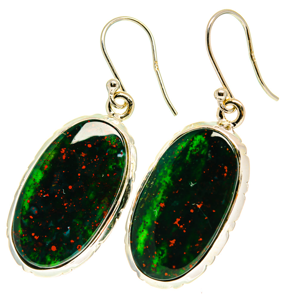 Sterling silver drop earrings with oval green bloodstone and red speckles