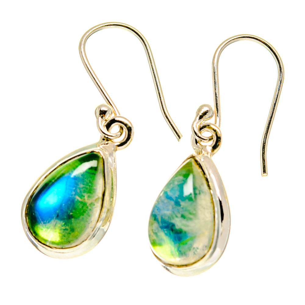 Teardrop moonstone earrings in green and blue with 925 sterling silver hooks