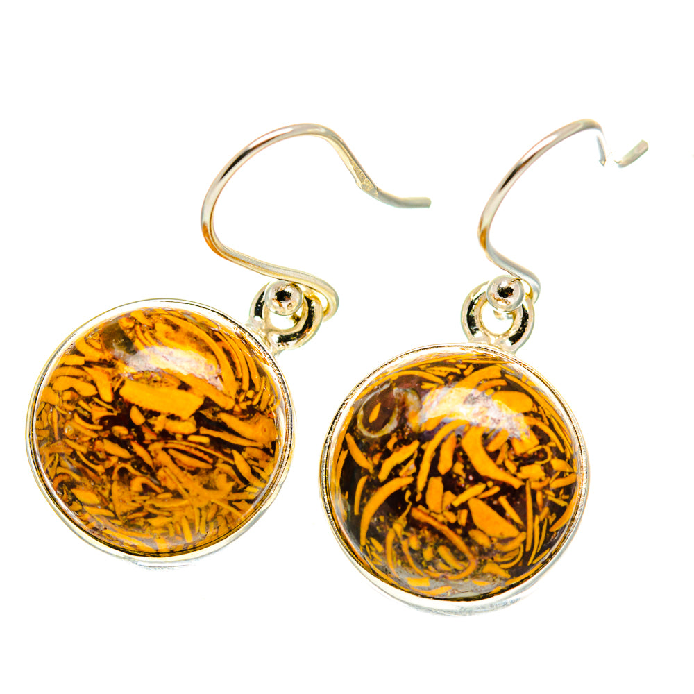 Round amber swirl jasper drop earrings with silver hooks, 925 sterling silver.