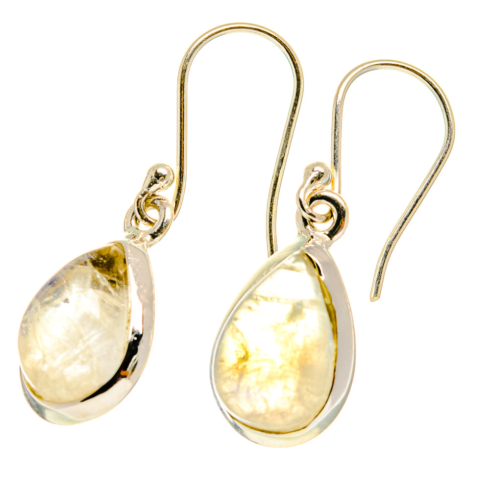 Moonstone drop earrings, teardrop iridescent yellow-white stones, sterling silver French hooks