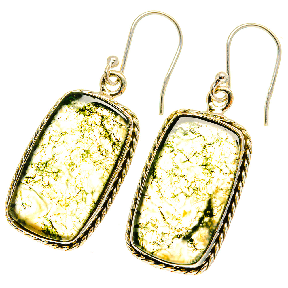 Sterling silver moss agate drop earrings with green-and-gold rectangular cabochons