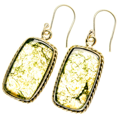 Sterling silver moss agate drop earrings with green-and-gold rectangular cabochons