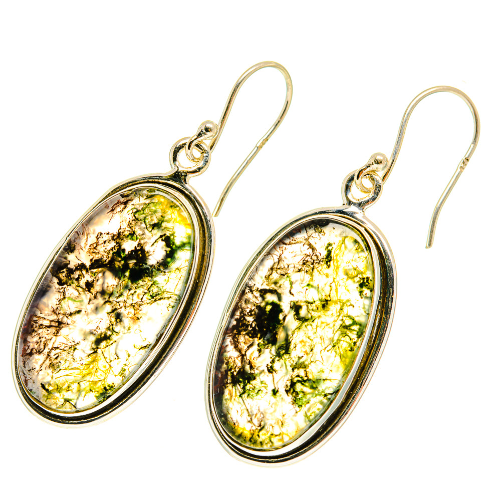 Oval moss agate earrings in 925 sterling silver with green and gold mottled stones