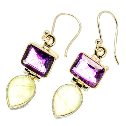Sterling silver drop earrings with purple amethyst square and yellow-green prehnite teardrop