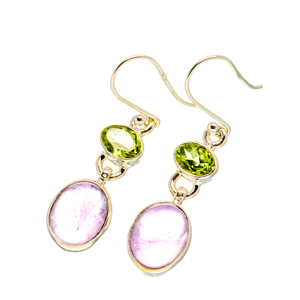Amethyst and peridot drop earrings, oval green and pink stones on silver hooks