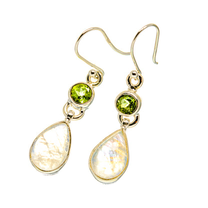 Sterling silver drop earrings with green peridot centers and moonstone teardrop drops