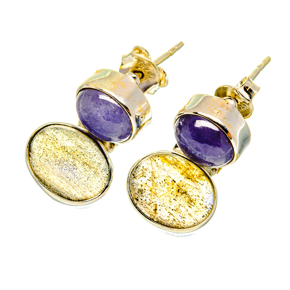 Sterling silver stud earrings with purple round tops and oval iridescent drops