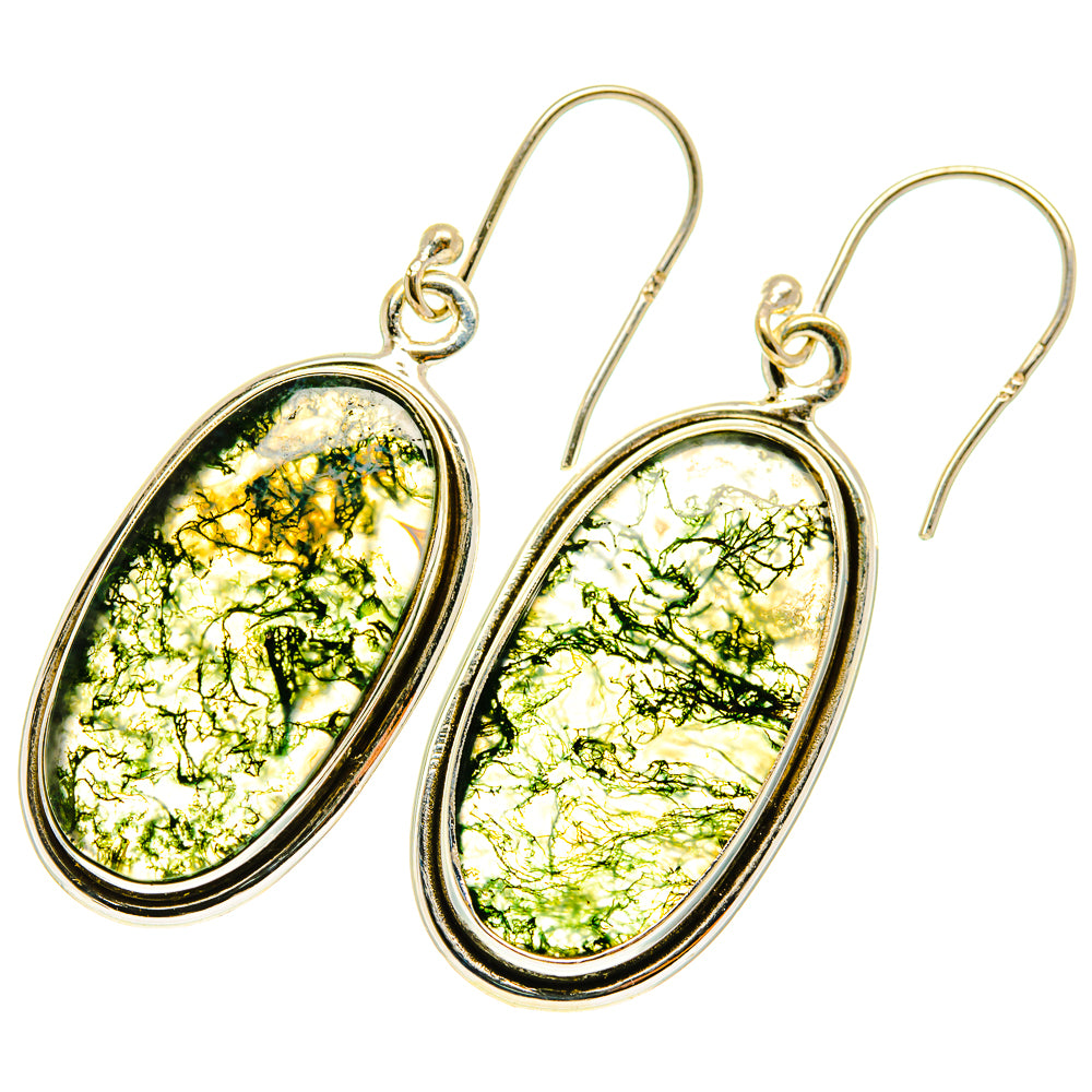 Oval green moss agate drop earrings with sterling silver hooks and bezel settings
