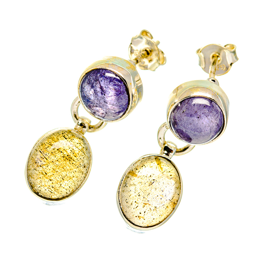 Sterling silver drop earrings with purple oval gemstone and gold speckled oval dangle