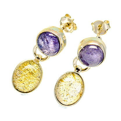 Sterling silver drop earrings with purple oval gemstone and gold speckled oval dangle