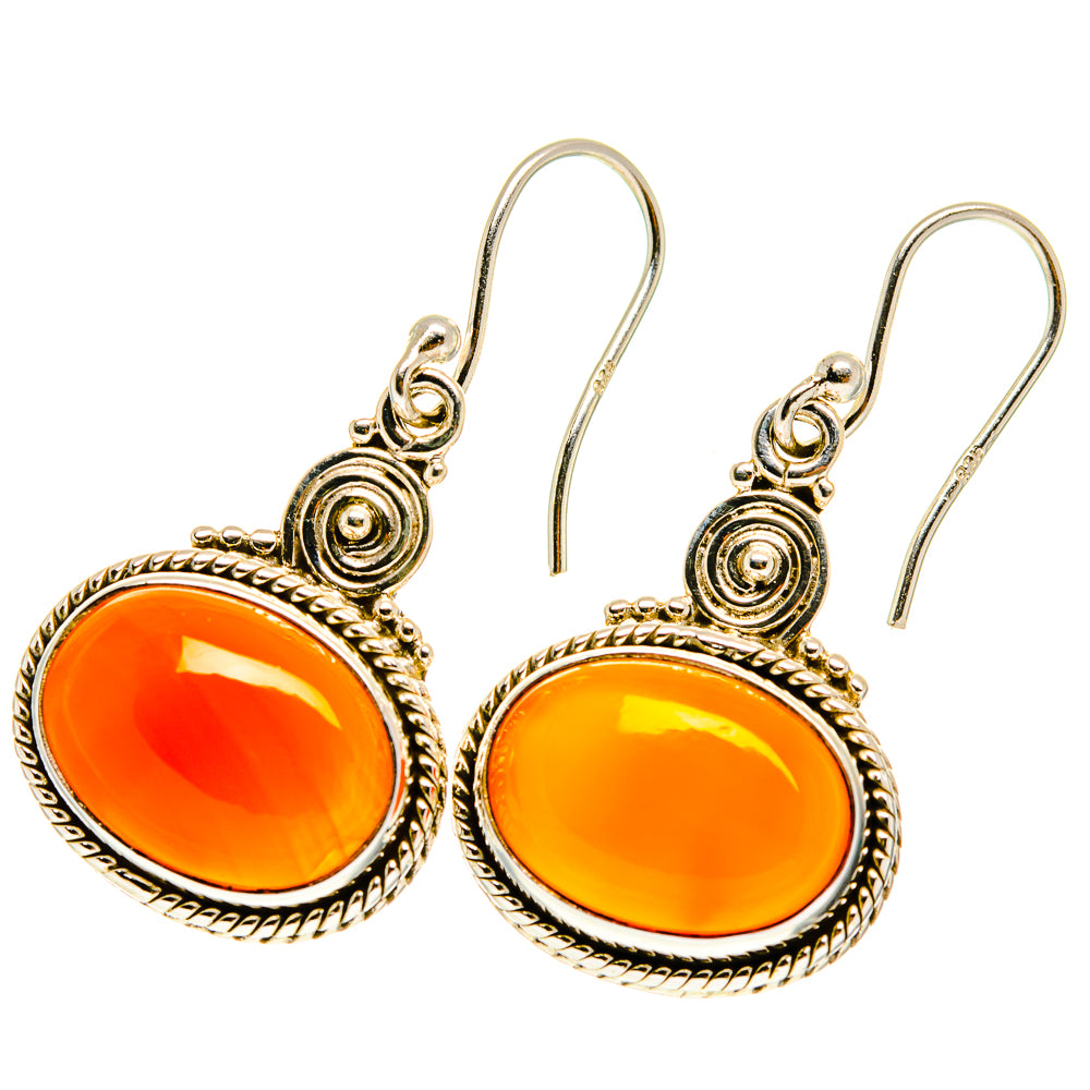 Carnelian drop earrings, oval orange cabochon with beaded silver bezel and spiral accents