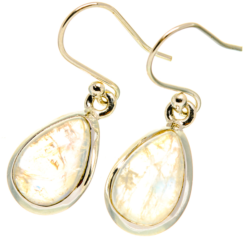 Opalescent moonstone teardrop earrings on silver hooks, gold-toned top caps