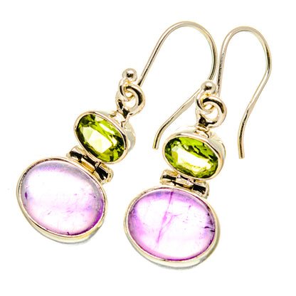 Sterling silver dangle earrings with green peridot and purple amethyst cabochons