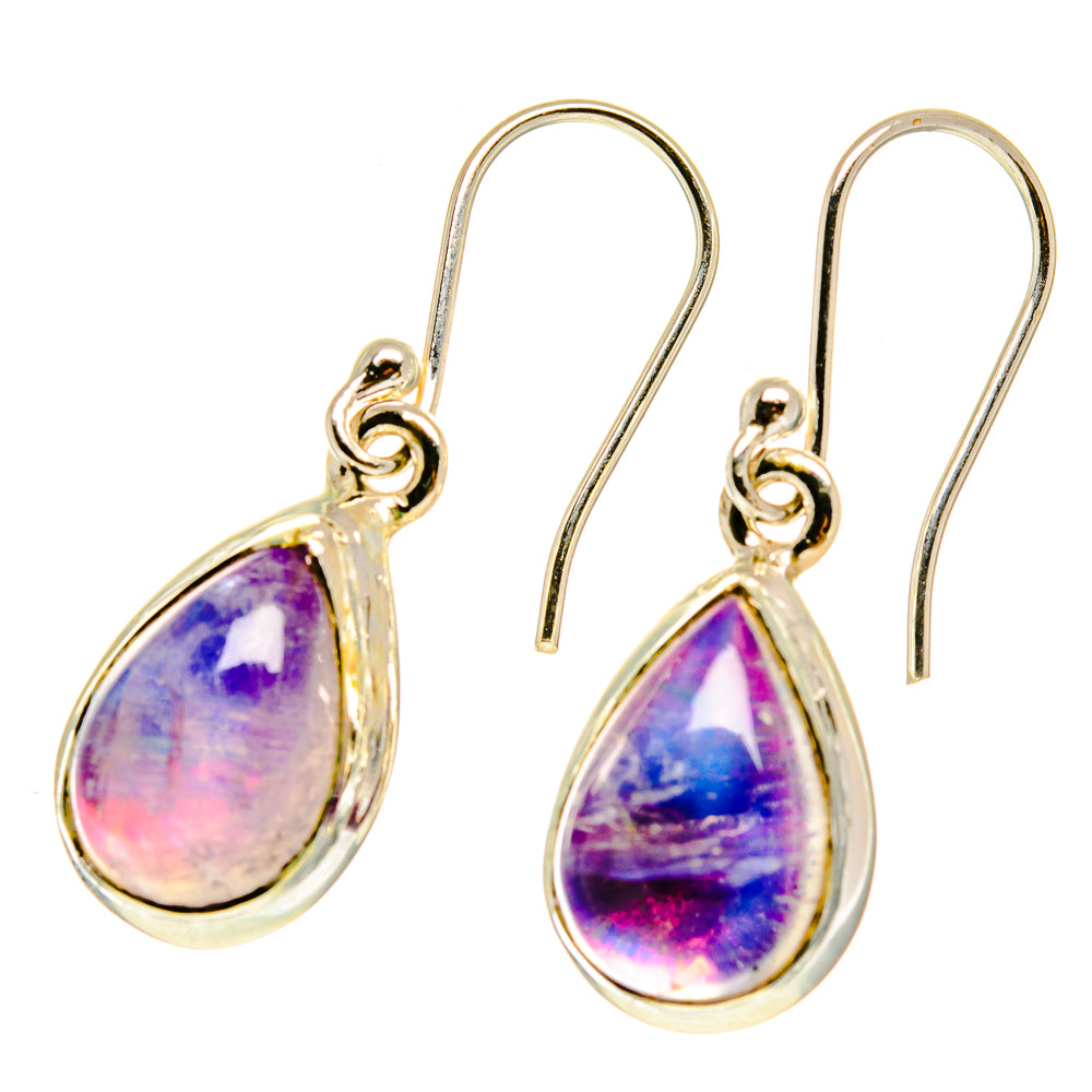 Rainbow moonstone teardrop drop earrings, silver-tone hooks with ornate round bail