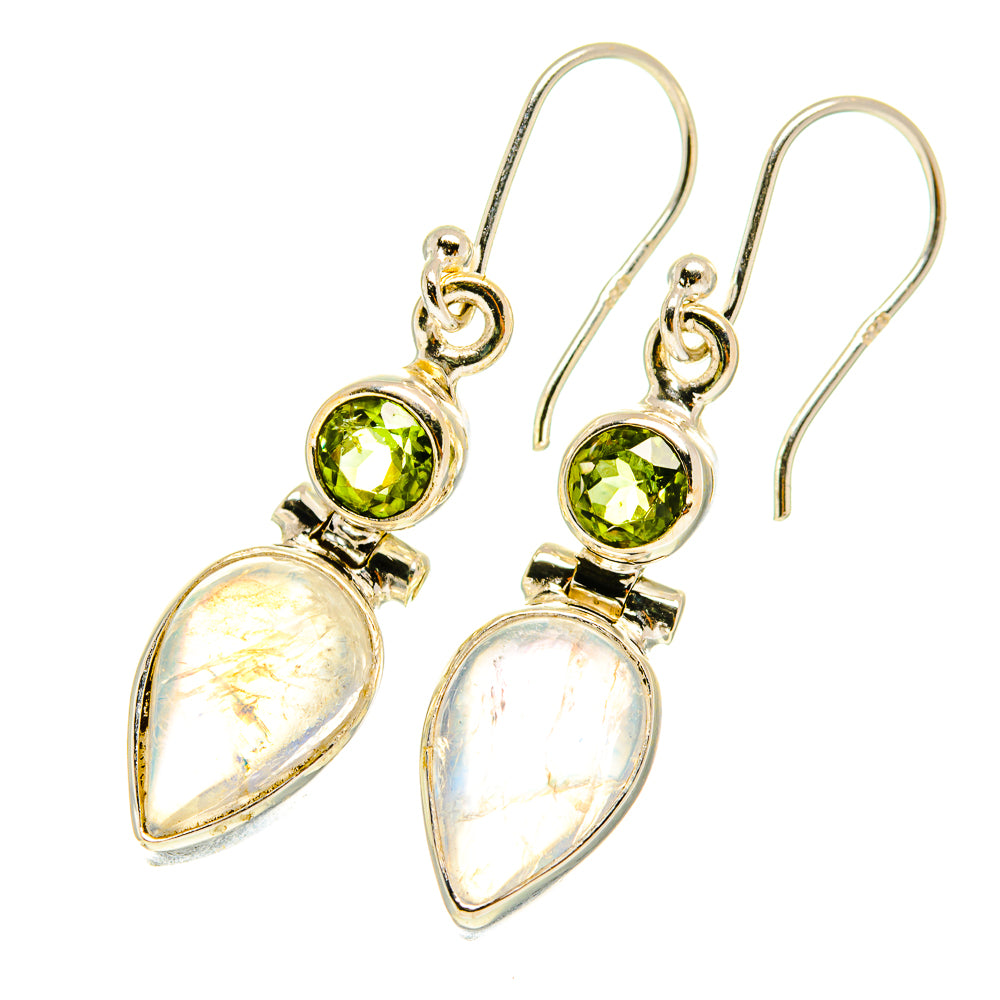 Sterling silver dangle earrings with round green peridot and teardrop moonstone stones