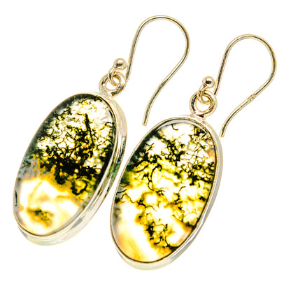 Oval moss agate drop earrings with metal hooks and oval mossy stone dangle