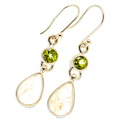 925 sterling silver drop earrings with peridot green round accents and teardrop moonstones