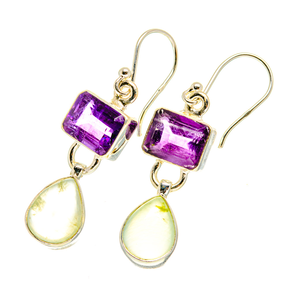 Amethyst and prehnite drop earrings, purple square stones and green teardrop dangles, 925 silver