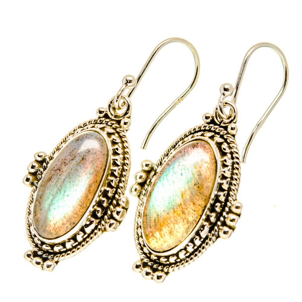 Oval labradorite cabochon drop earrings with textured gold-tone oval frame and silver hooks