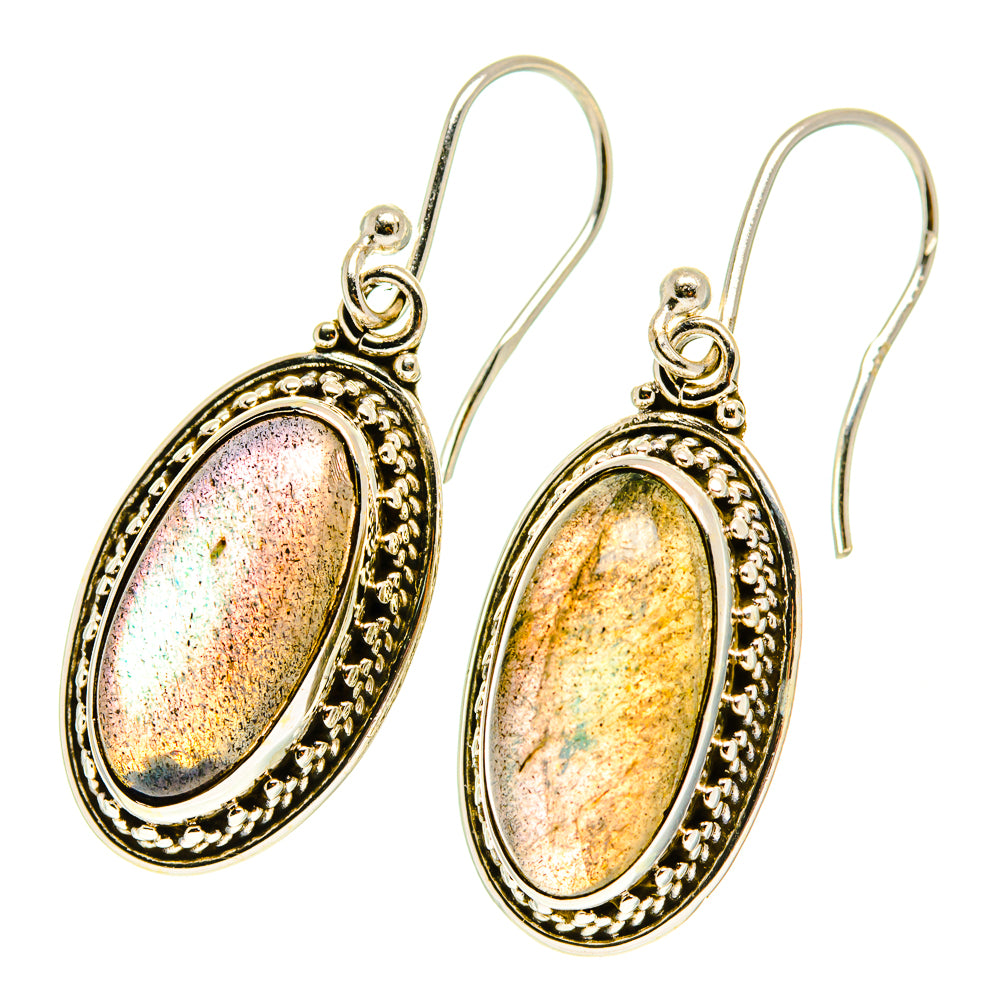 Oval labradorite drop earrings in 925 sterling silver with ornate gold-tone setting